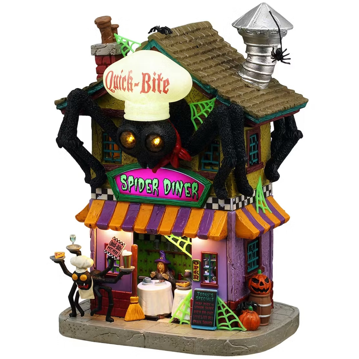This is a Lemax Spooky Town building designed to look like a tall restaurant with a giant black spider with glowing yellow eyes on top. It's called the Quick-Bite Spider Diner. You can see tables inside and a witch getting ready to eat.