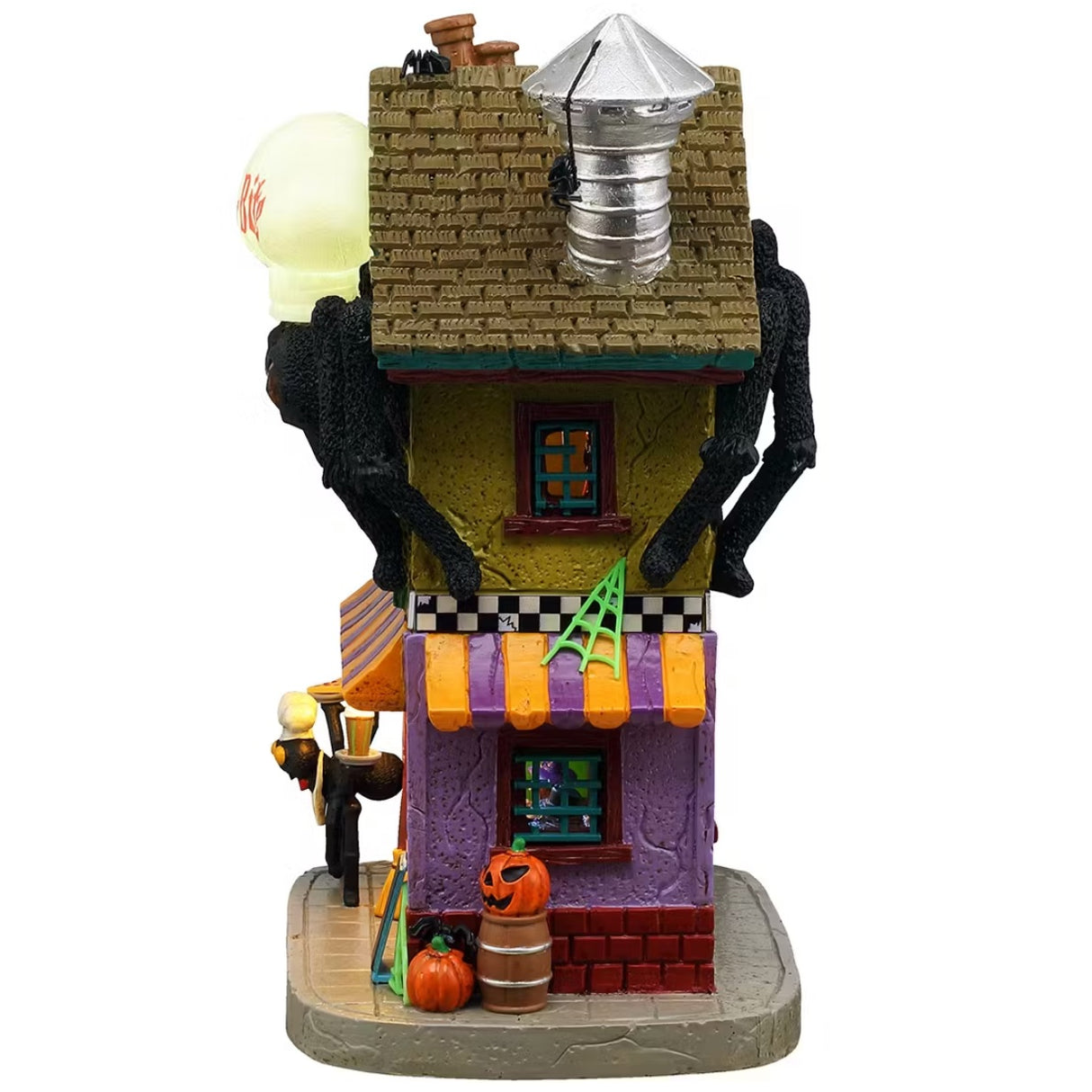 This is the side of the Quick-Bite Spider Diner showing off two windows and the purple and orange colored awning. There's a barrel on the sidewalk with a jack-o-lantern on top. There's a neon green web hanging from the top window.