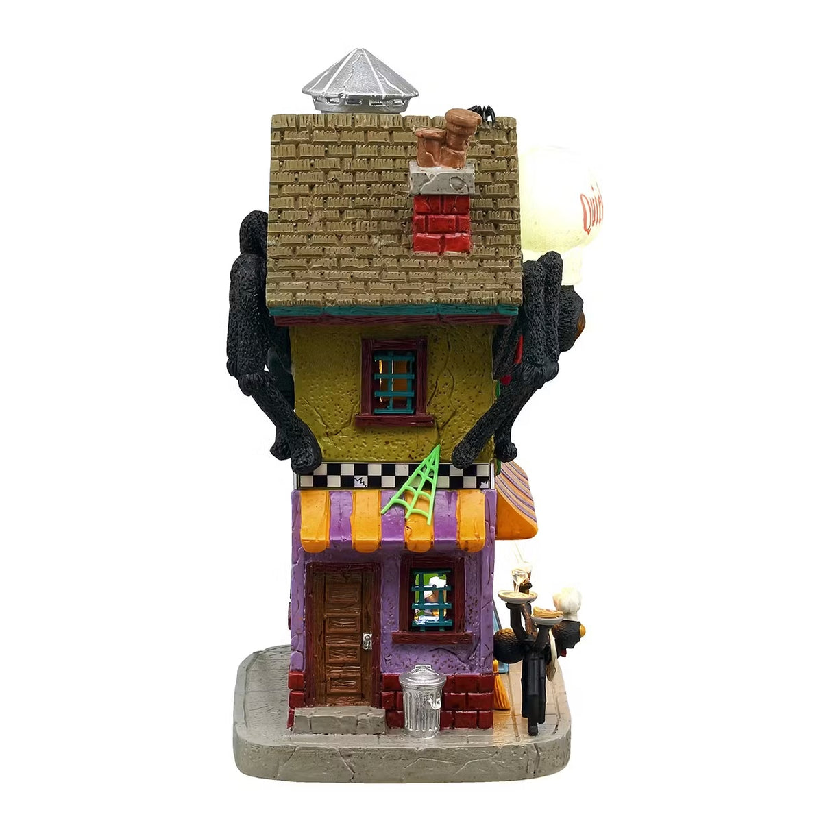 This is the side of the Quick-Bite Spider Diner showing off two windows and the purple and orange colored awning. There's a wooden door on the side and a silver trash can on the sidewalk. There's a neon green web hanging from the top window.