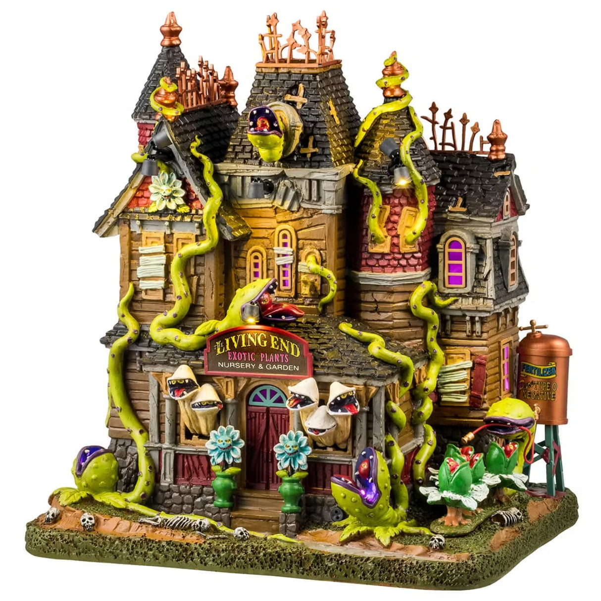 This is a Lemax Spooky Town lighted building designed to look like a dilapidated mansion that's been overtaken by man-eating plants. Some of the windows are boarded up and some of the monsters are coming out of the other windows.