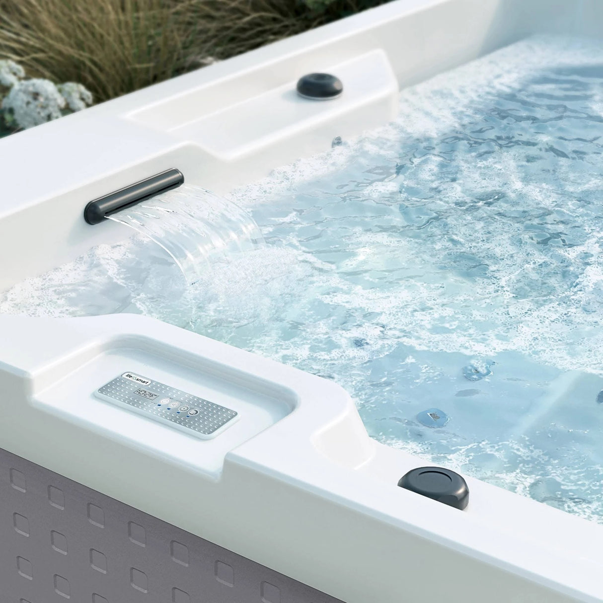 This is an up close view of the waterfall feature in this hot tub.