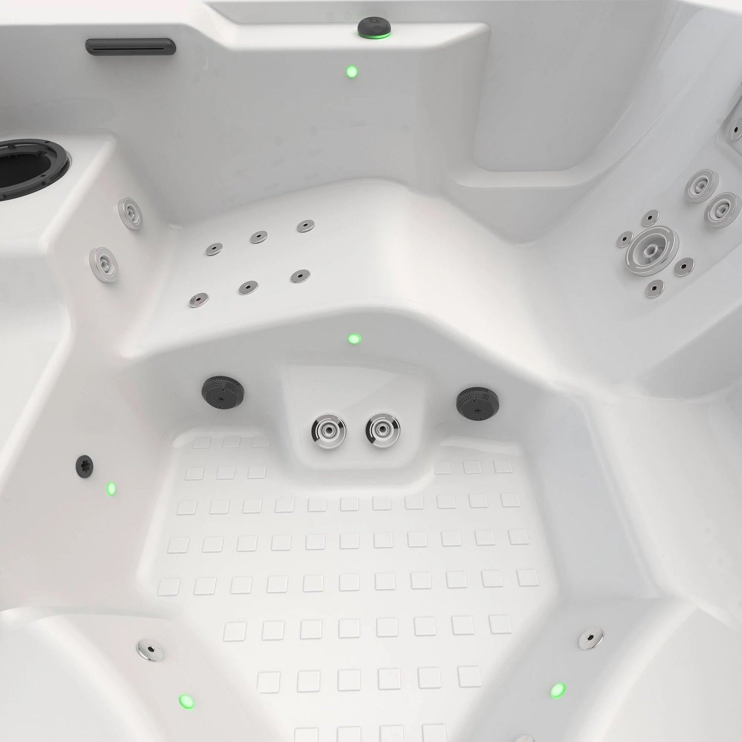 This is an up close view of the bottom of the hot tub so you can see the footwell and all the jets.