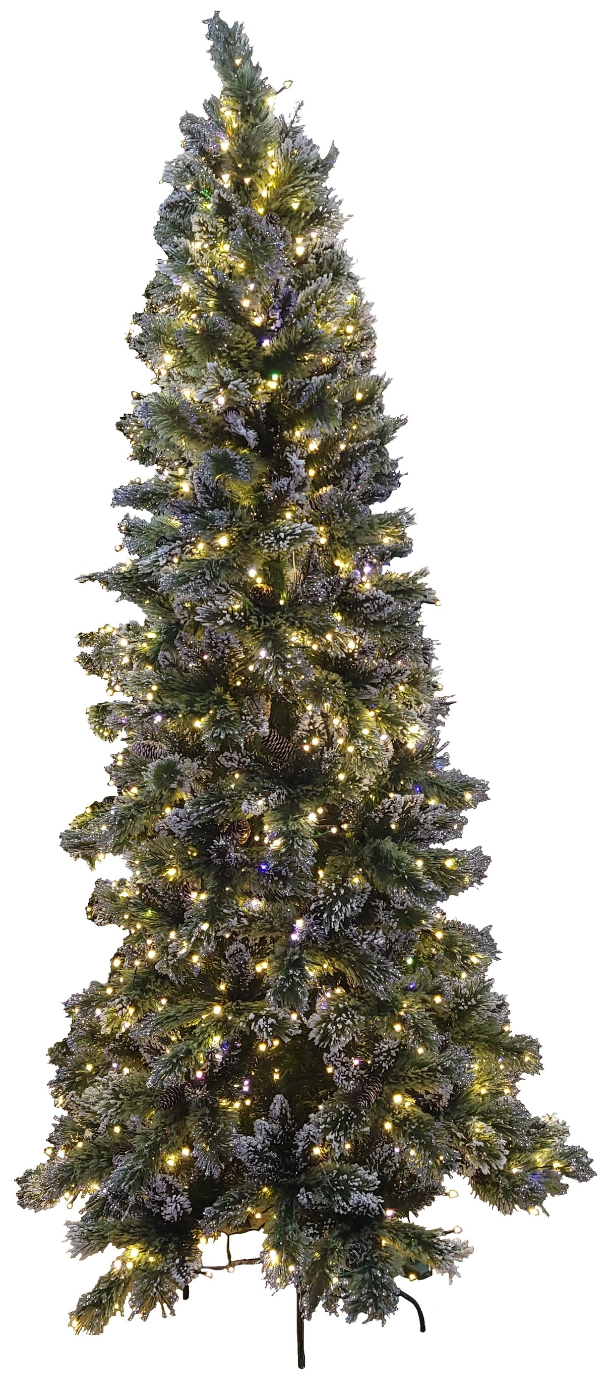 This image shows the 7.5 ft. slim Crystal Elegance artificial tree on a white background. There are white flocked branches and pine cones. The lights are on the warm white setting.