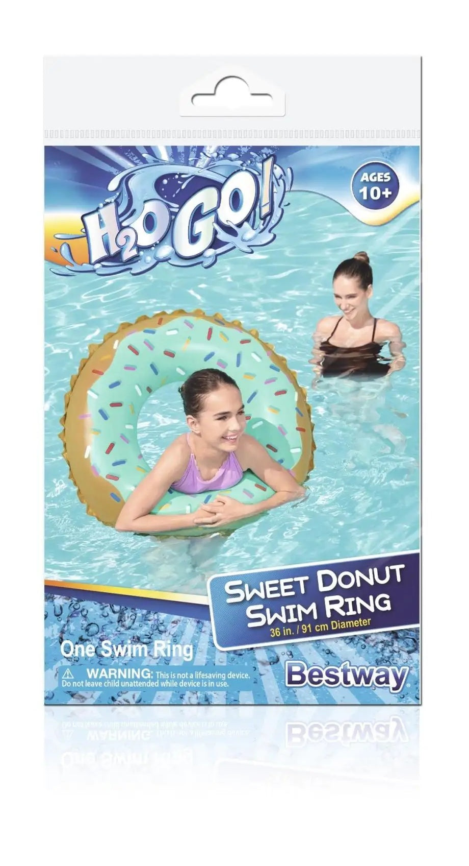This image shows the packaging that this inner tube comes in. It reads "H20GO! Ages 10+ Sweet Donut Swim Ring. 36 inches in diameter. One swim ring. Bestway."