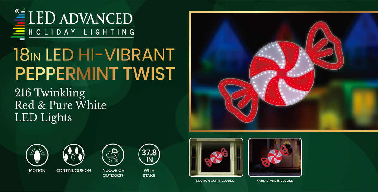 This image shows the packaging this item comes in. It reads "LED Advanced Holiday Lighting. 18 inch LED hi-vibrant peppermint twist. 216 twinkling Red & Pure White LED lights. The lights are continuous-on. They can be used indoors and outdoors. It measures 37.8 inches with the stake. A suction cup and yard stake is included."
