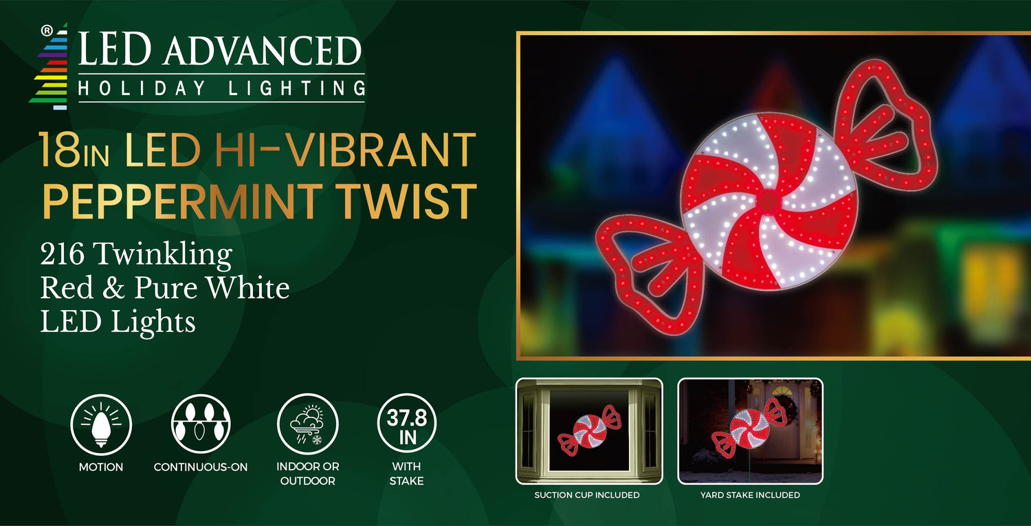 This image shows the packaging this item comes in. It reads "LED Advanced Holiday Lighting. 18 inch LED hi-vibrant peppermint twist. 216 twinkling Red & Pure White LED lights. The lights are continuous-on. They can be used indoors and outdoors. It measures 37.8 inches with the stake. A suction cup and yard stake is included."