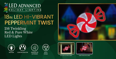 This image shows the packaging this item comes in. It reads "LED Advanced Holiday Lighting. 18 inch LED hi-vibrant peppermint twist. 216 twinkling Red & Pure White LED lights. The lights are continuous-on. They can be used indoors and outdoors. It measures 37.8 inches with the stake. A suction cup and yard stake is included."