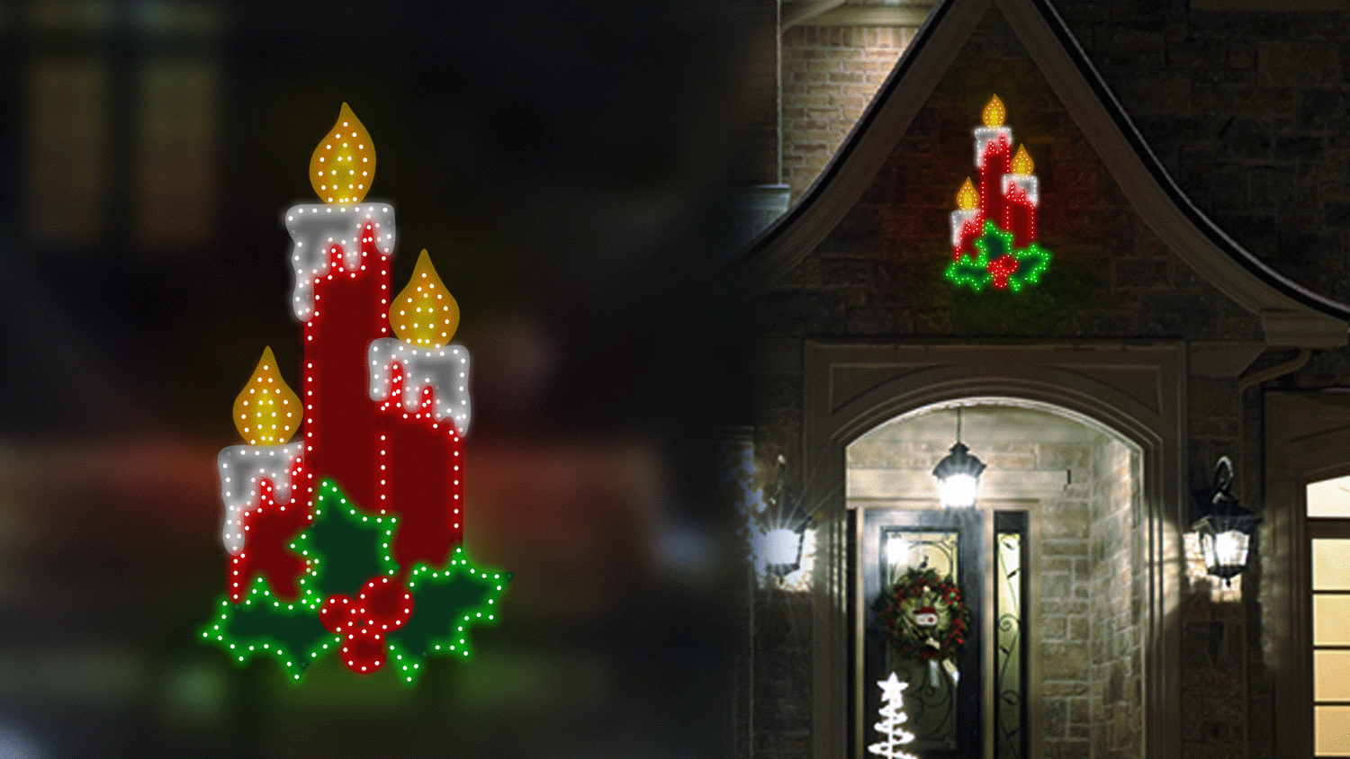 This moving image shows the trio candle decoration in use. On the left side of the image, it's just the decoration on a blurry background. On the right side of the image, it shows the candle decoration hung on the house above the front door.