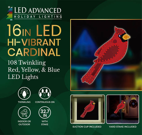 This is the packaging for this item. It reads "LED Advanced Holiday Lighting. 16 inch LED hi-vibrant cardinal. 108 twinkling red, yellow and blue LED lights. The lights are continuous-on. For indoor or outdoor use. It measures 32.7 inches with stake. Suction cup and yard stake included."