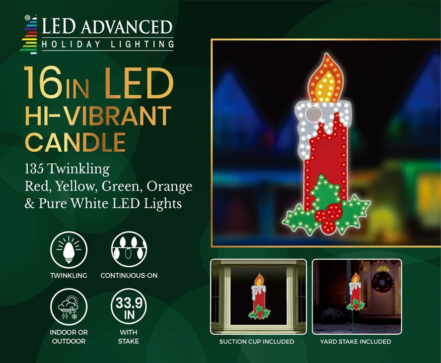 This image shows the packaging that this candle decoration comes in. It reads "LED Advanced Holiday Lighting. 16 inch LED jumbo hi-vibrant candle. 135 twinkling red, green, orange and pure white LED lights. The lights are continuous-on. Can be used indoors or outdoors. Measures 33.9 inches with the stake. Suction cup and yard stakes included."