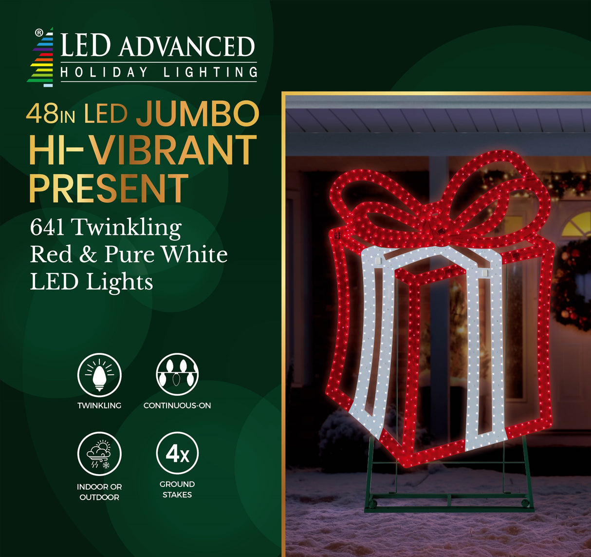 This image shows the packaging that this present decoration comes in. It reads "LED Advanced Holiday Lighting. 48 inch LED jumbo hi-vibrant present. 641 twinkling red & pure white LED lights. The lights are continuous-on. This can be used indoors or outdoors. Includes four ground stakes."