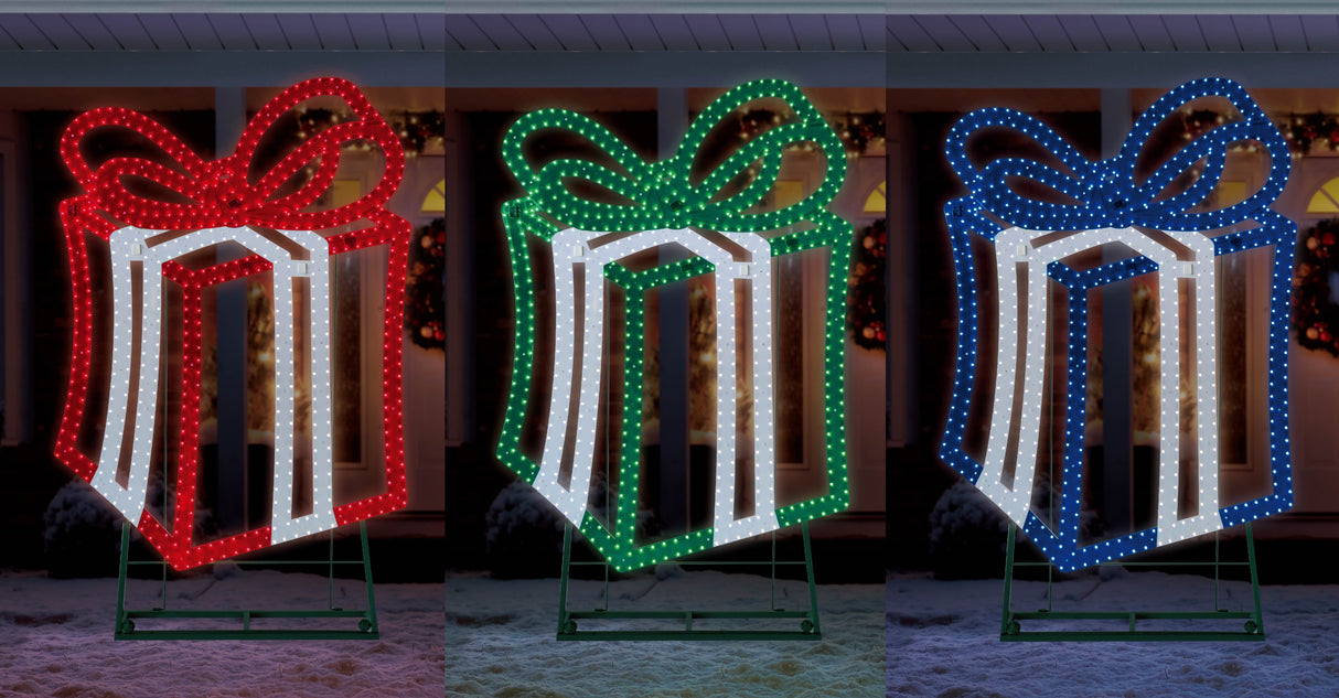 This is a compilation image showing the three different color options for this LED present decoration.