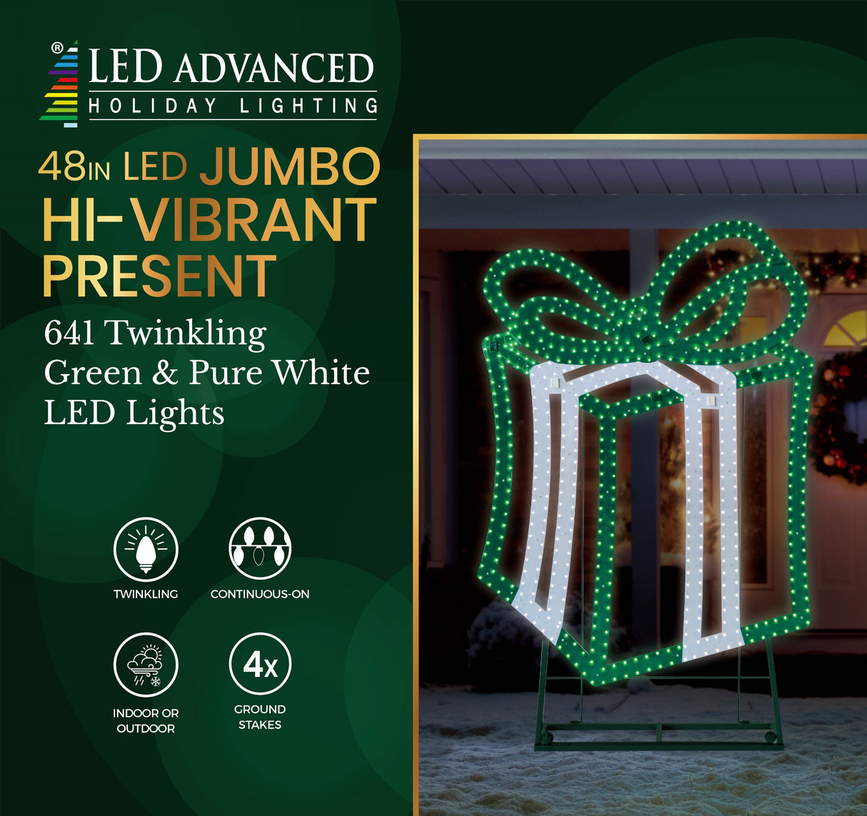 This image shows the packaging that this present decoration comes in. It reads "LED Advanced Holiday Lighting. 48 inch LED jumbo hi-vibrant present. 641 twinkling green & pure white LED lights. The lights are continuous-on. This can be used indoors or outdoors. Includes four ground stakes."