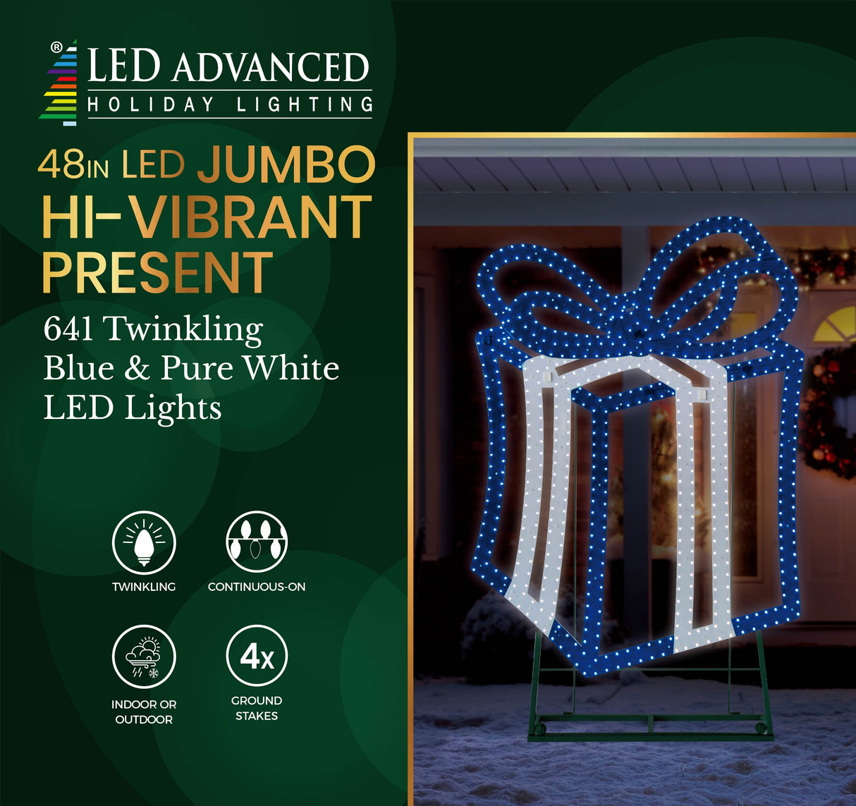 This image shows the packaging that this present decoration comes in. It reads "LED Advanced Holiday Lighting. 48 inch LED jumbo hi-vibrant present. 641 twinkling blue & pure white LED lights. The lights are continuous-on. This can be used indoors or outdoors. Includes four ground stakes."