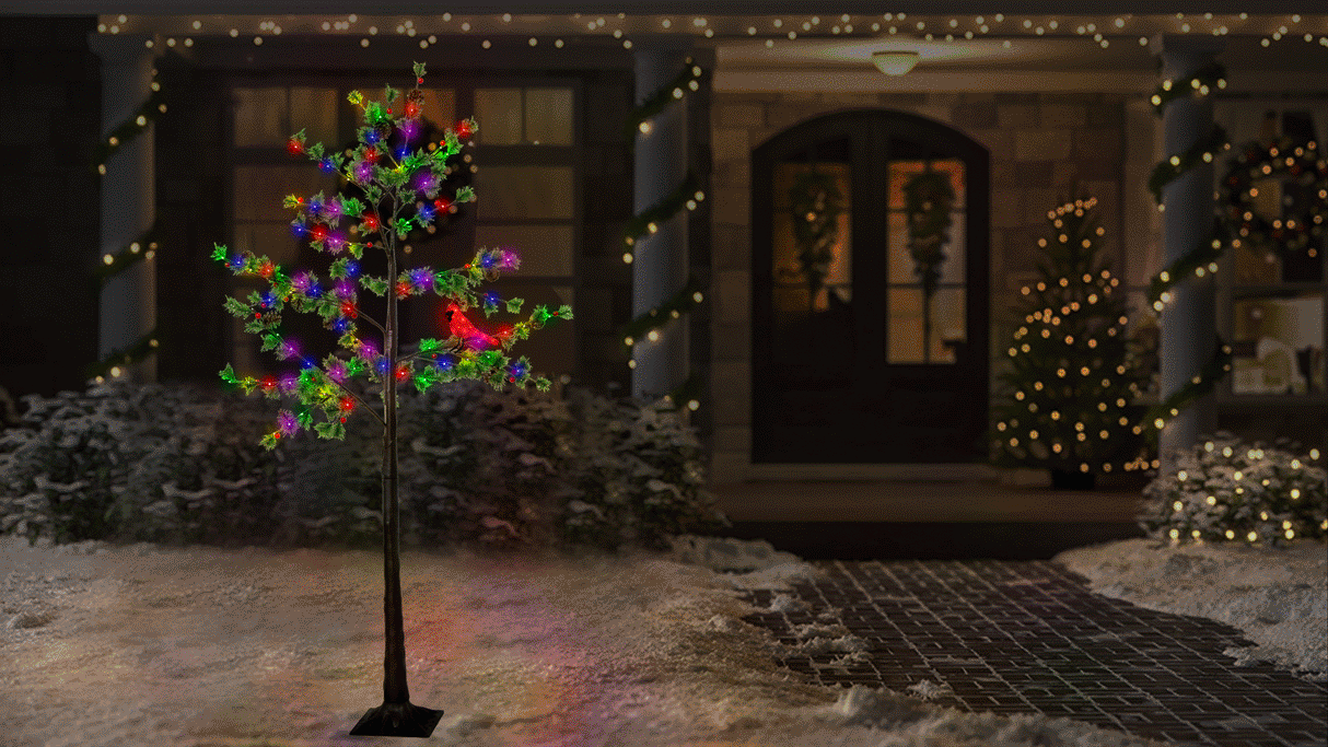 6' Multi-Colored LED Austrian Pine Tree with PE Berries, Pine Cones and Red Cardinal