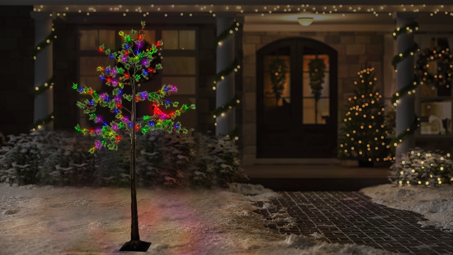 6' Multi-Colored LED Austrian Pine Tree with PE Berries, Pine Cones and Red Cardinal
