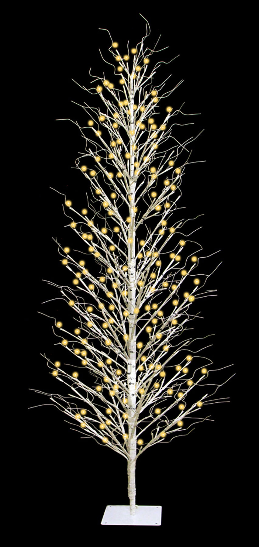 This image shows the 7 ft. fake birch tree on a black background. The frame, branches and base are all white. The lights are warm white.