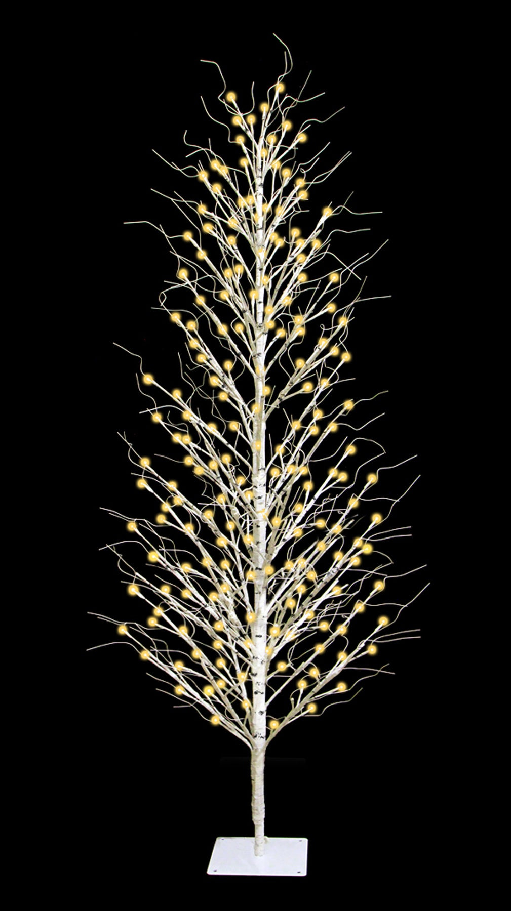 This image shows the 6 ft. fake birch tree on a black background. The frame, branches and base are all white. The lights are warm white.