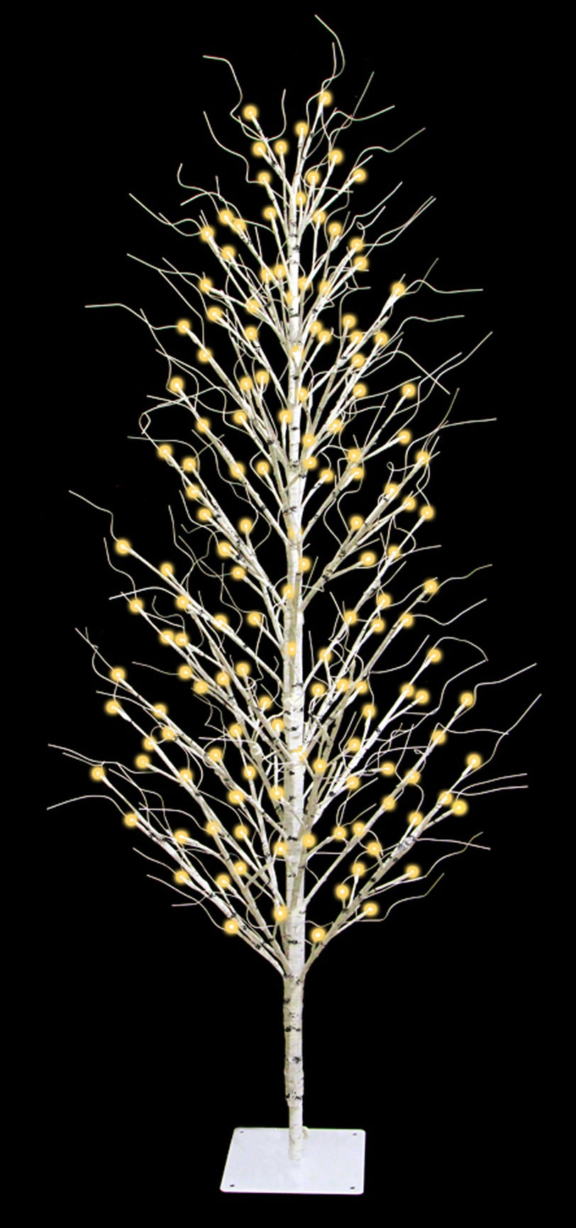 This image shows the 5 ft. fake birch tree on a black background. The frame, branches and base are all white. The lights are warm white.
