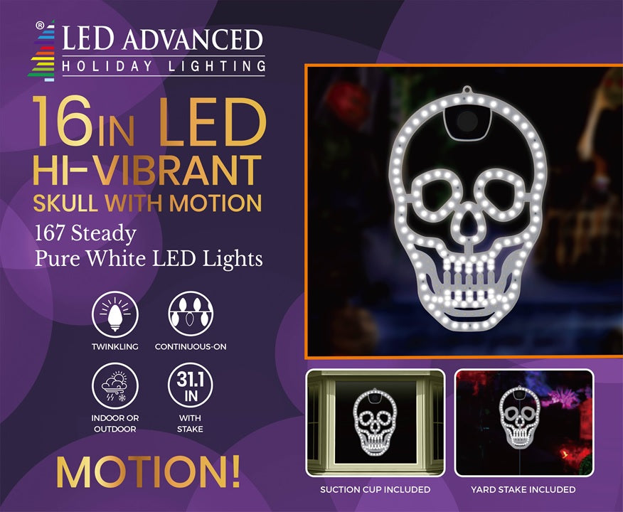 This is the packaging for this LED skull decoration. It reads "LED Advanced Holiday Lighting. 16 inch LED Hi-Vibrant Skull with Motion. 167 Steady Pure White LED Lights. The lights twinkle. The lights are continuous-on. For indoor and outdoor use. Skull measures 31.1 inches tall with stake. Suction cup and yard stake included."