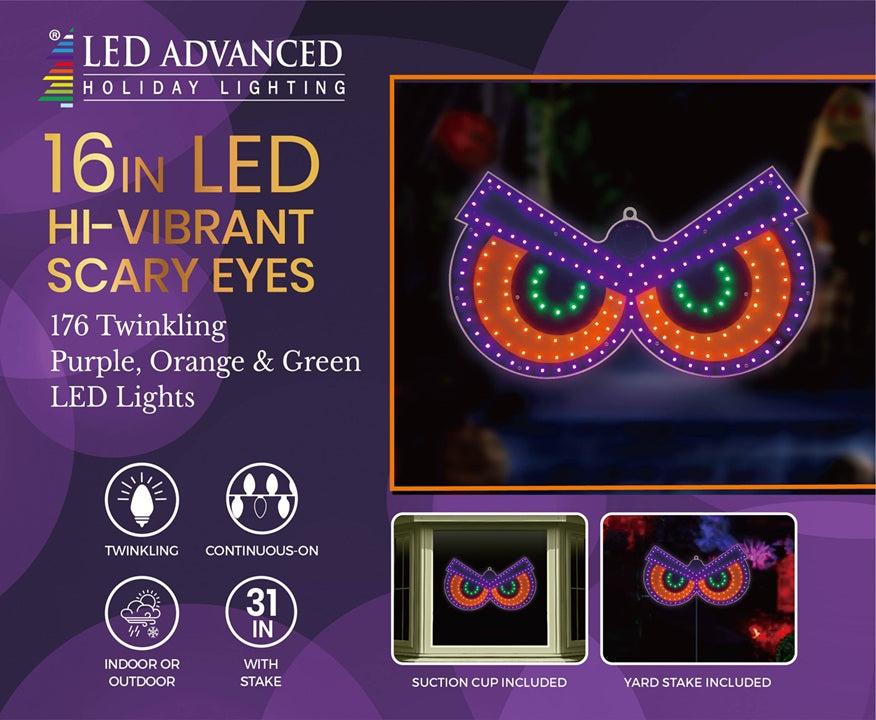 This is the package for this item. It reads "LED Advanced Holiday Lighting. 16 inch LED Hi-Vibrant Scary Eyes. 176 twinkling purple, orange and green LED lights. The lights are continuous-on. Can be used indoor or outdoor. It measures 31 inches with the stake. There's a suction cup and a yard stake included."
