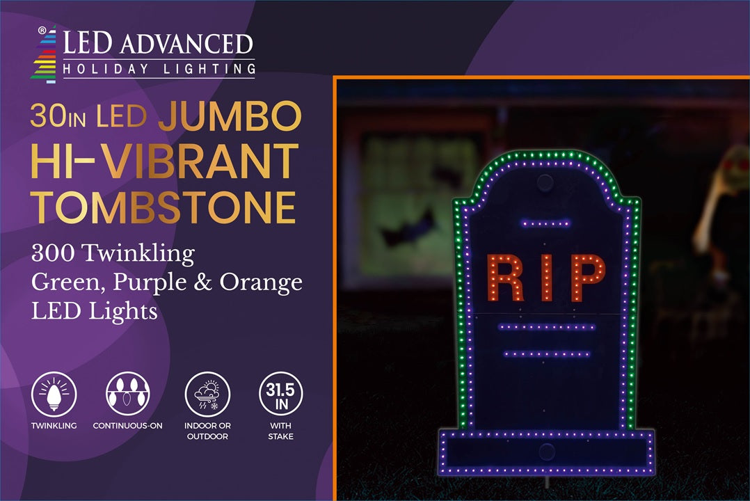 This is the packaging for this LED tombstone decoration. It reads "LED Advanced Holiday Lighting. 30 inch LED jumbo hi-vibrant tombstone. 300 twinkling green, purple and orange LED lights. The lights are continuous-on. Indoor and outdoor use. The tombstone measures 31.5 inches tall with the stake."