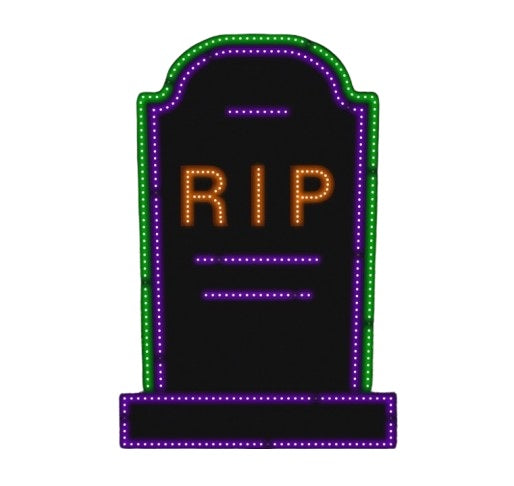 This image shows the tombstone decoration on a white background. The border is green and purple. The RIP is orange.