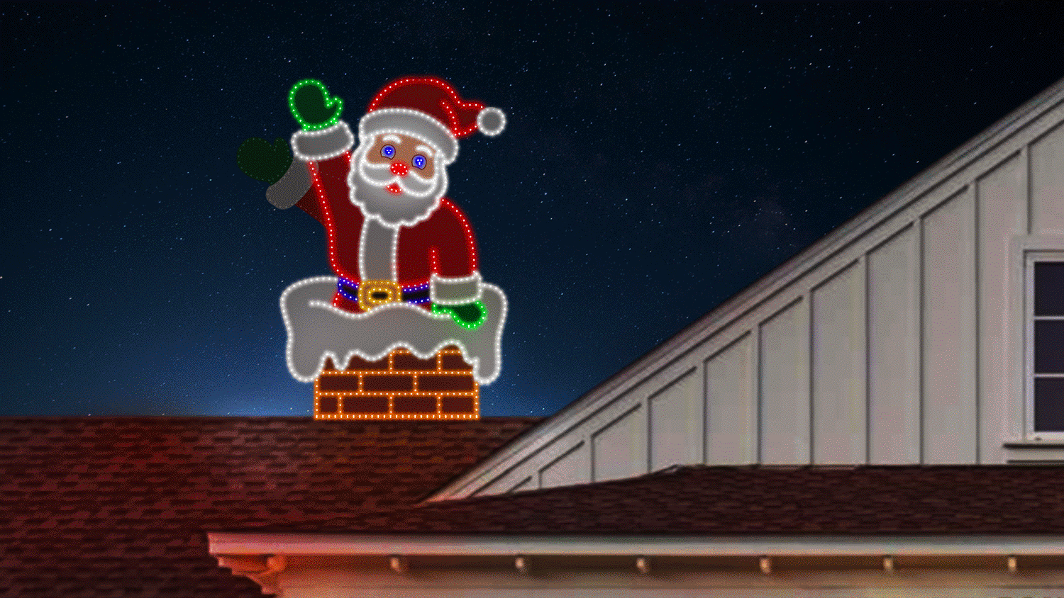 This animated image shows the Santa decoration on top of a roof.