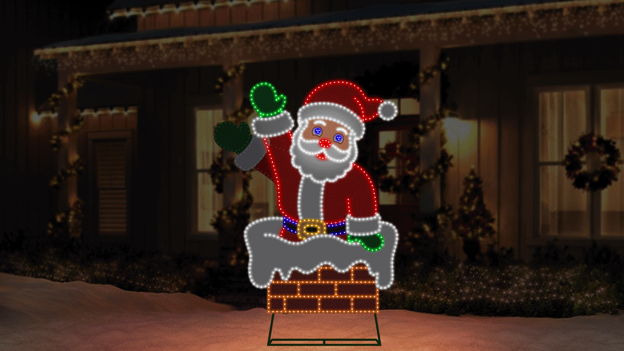 This animated image shows the LED Santa decoration on the snowy ground in front of a house decorated for Christmas.
