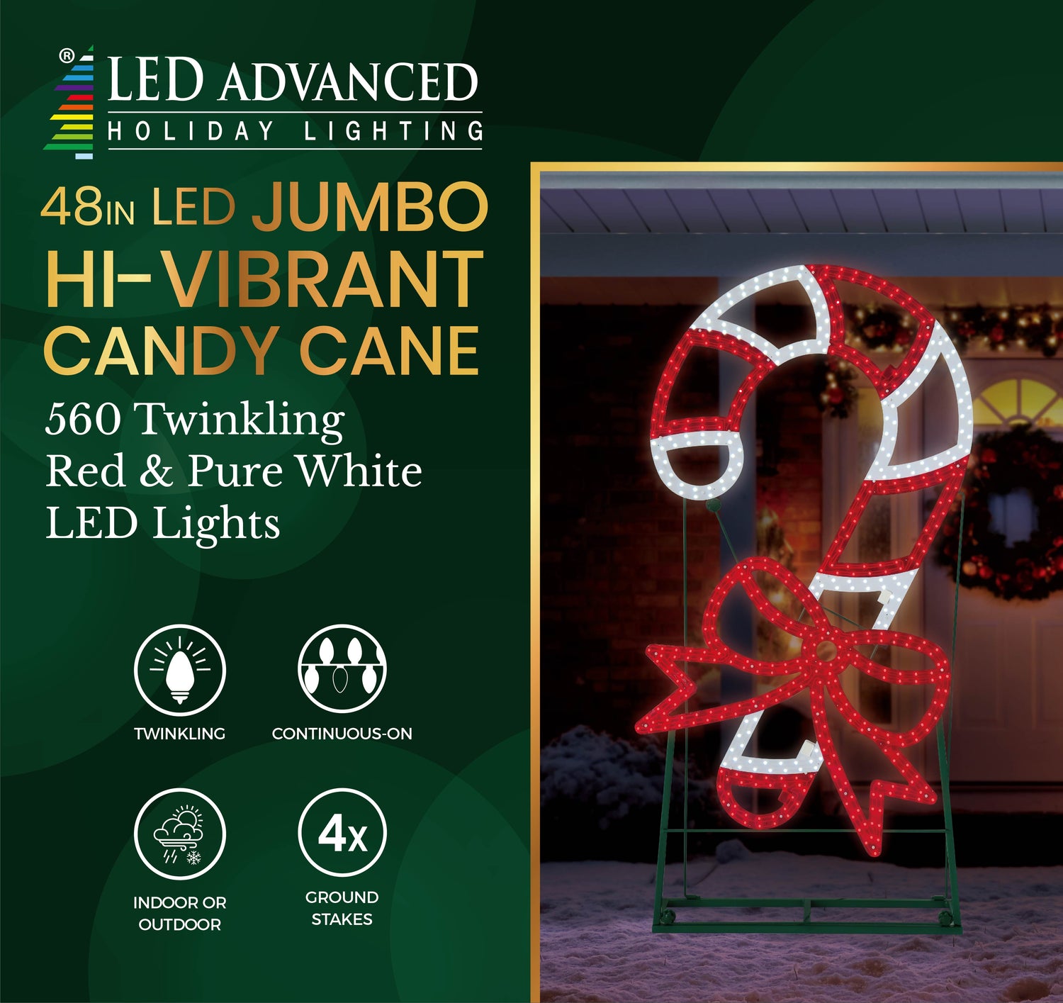 This image shows the packaging this item comes in. It reads "LED Advanced Holiday Lighting. 48 inch LED jumbo hi-vibrant candy cane. 560 twinkling red and pure white LED lights. The lights are continuous-on. Can be used indoors or outdoors. Four ground stakes included."