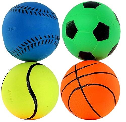 Spongy ball. One ball is designed to look like a blue baseball. One ball is designed to look like a yellow tennis ball. One ball is designed to look like a lime green soccer ball. One ball is designed to look like an orange basketball.