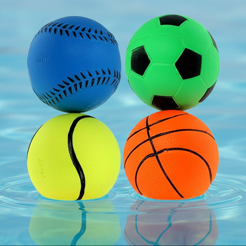 Spongy ball. One ball is designed to look like a blue baseball. One ball is designed to look like a yellow tennis ball. One ball is designed to look like a lime green soccer ball. One ball is designed to look like an orange basketball.