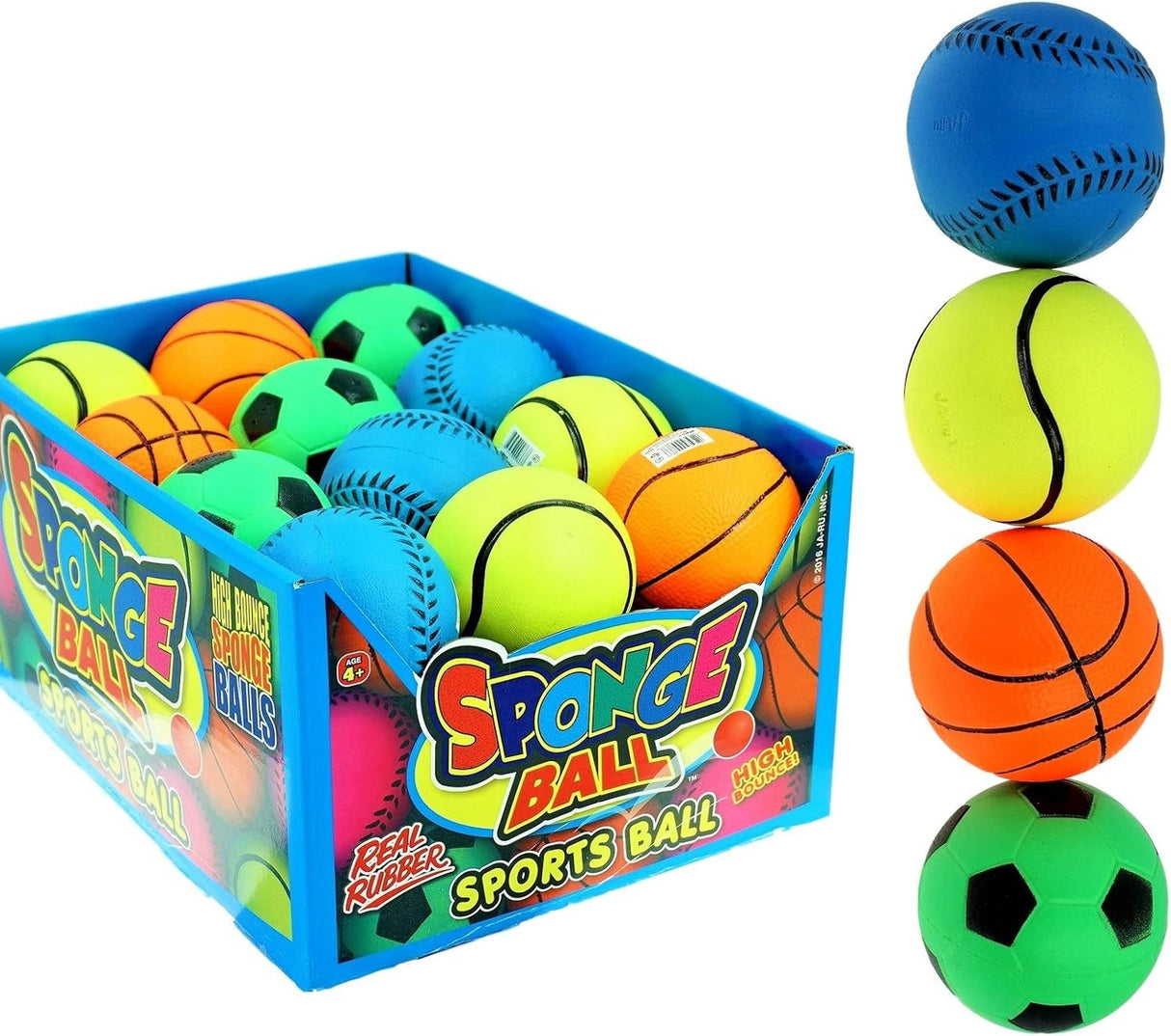 Spongy ball. One ball is designed to look like a blue baseball. One ball is designed to look like a yellow tennis ball. One ball is designed to look like a lime green soccer ball. One ball is designed to look like an orange basketball.