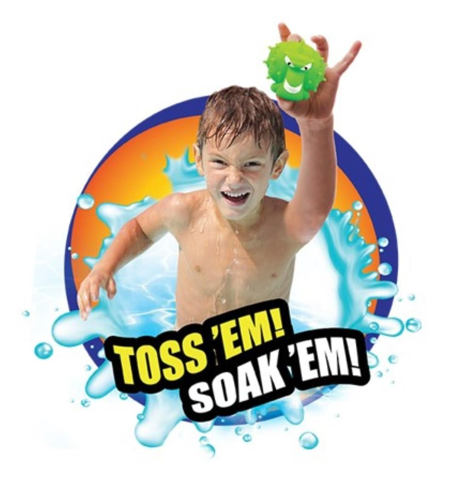 This image shows a young boy holding up the green snail monster ball. It reads "toss 'em and soak 'em!"