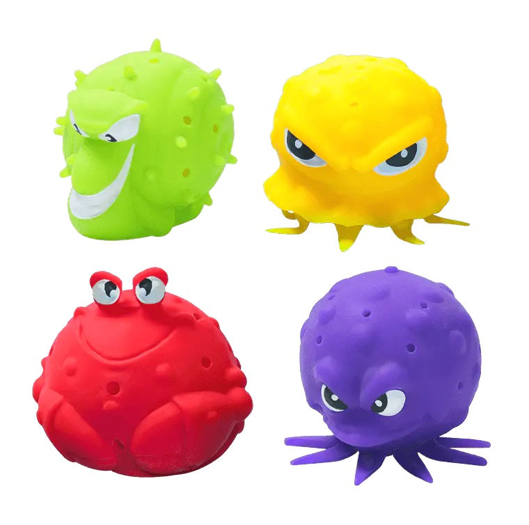 Ball shaped like an animal and absorbs water. One is shaped like a lime green snail. One is shaped like a red crab. One is shaped like a purple octopus. One is shaped like a yellow squid.