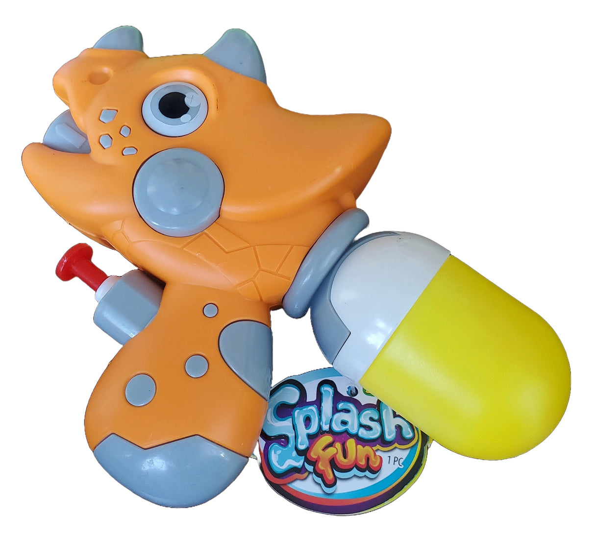Small water gun shaped like an orange dinosaur.