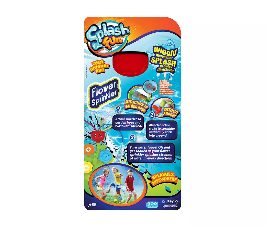 This is the back of the packaging for the sprinkler shaped like a flower stem. It has the directions on it. Attach the nozzle to the garden hose and twist until it locks. Attach the anchor stake to the sprinkler and then firmly stick it into the ground. Turn water faucet ON and set soaked as the flower sprinkler splashes streams of water in every direction!