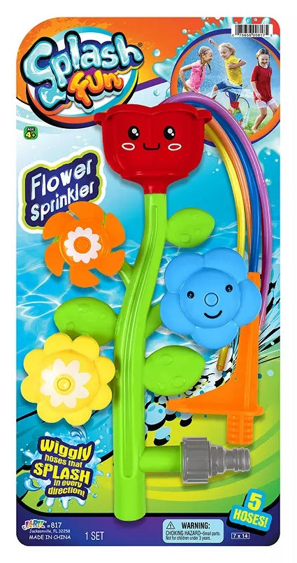 This is the packaging for a sprinkler shaped like a stem with four "petals." The top flower has five wiggly hoses coming out of it. The other flowers spin to shoot the water in different directions. The flower colors in this image are red, orange, yellow and blue.