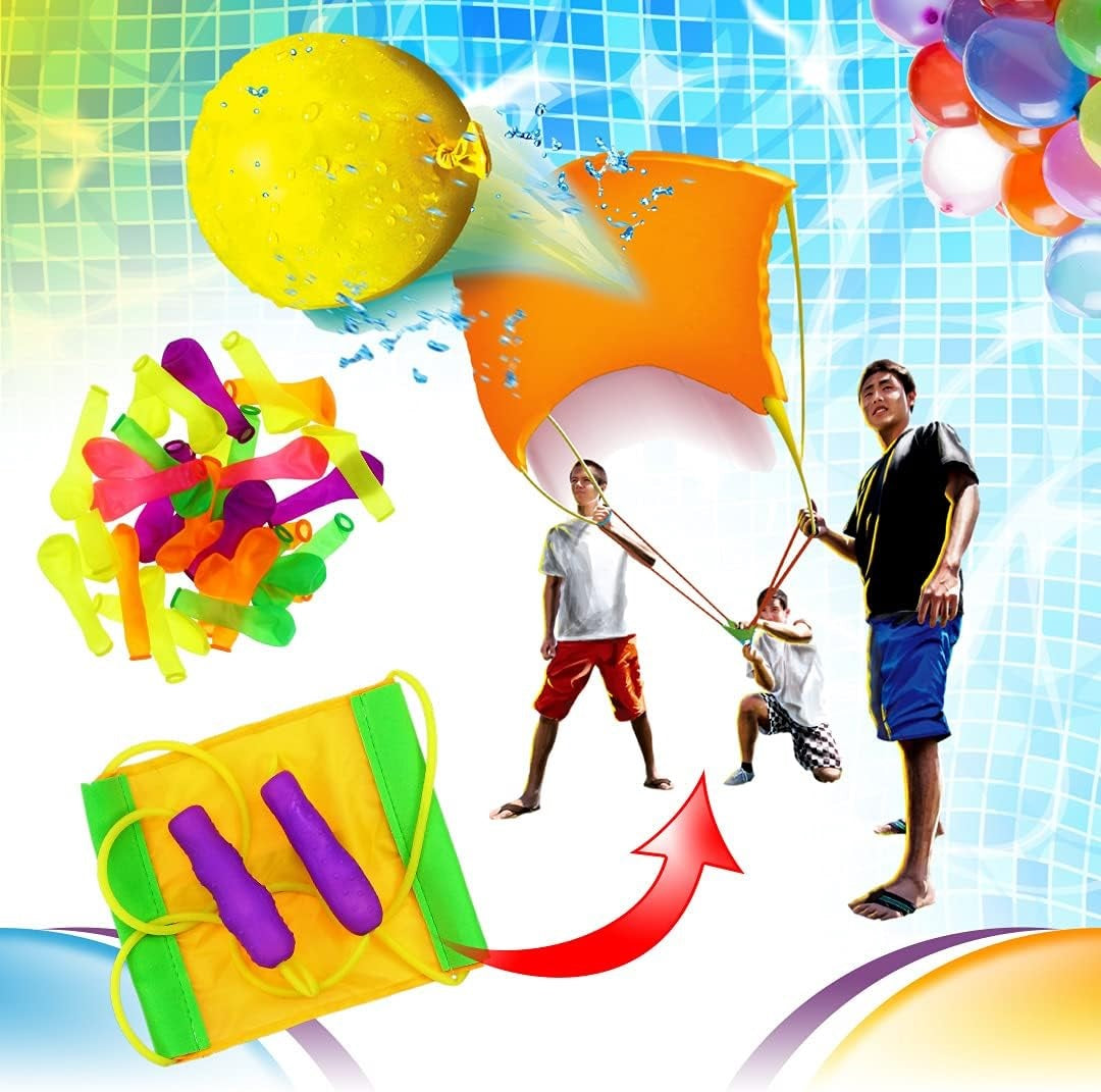 This image shows three people using the launcher to shoot a yellow balloon.