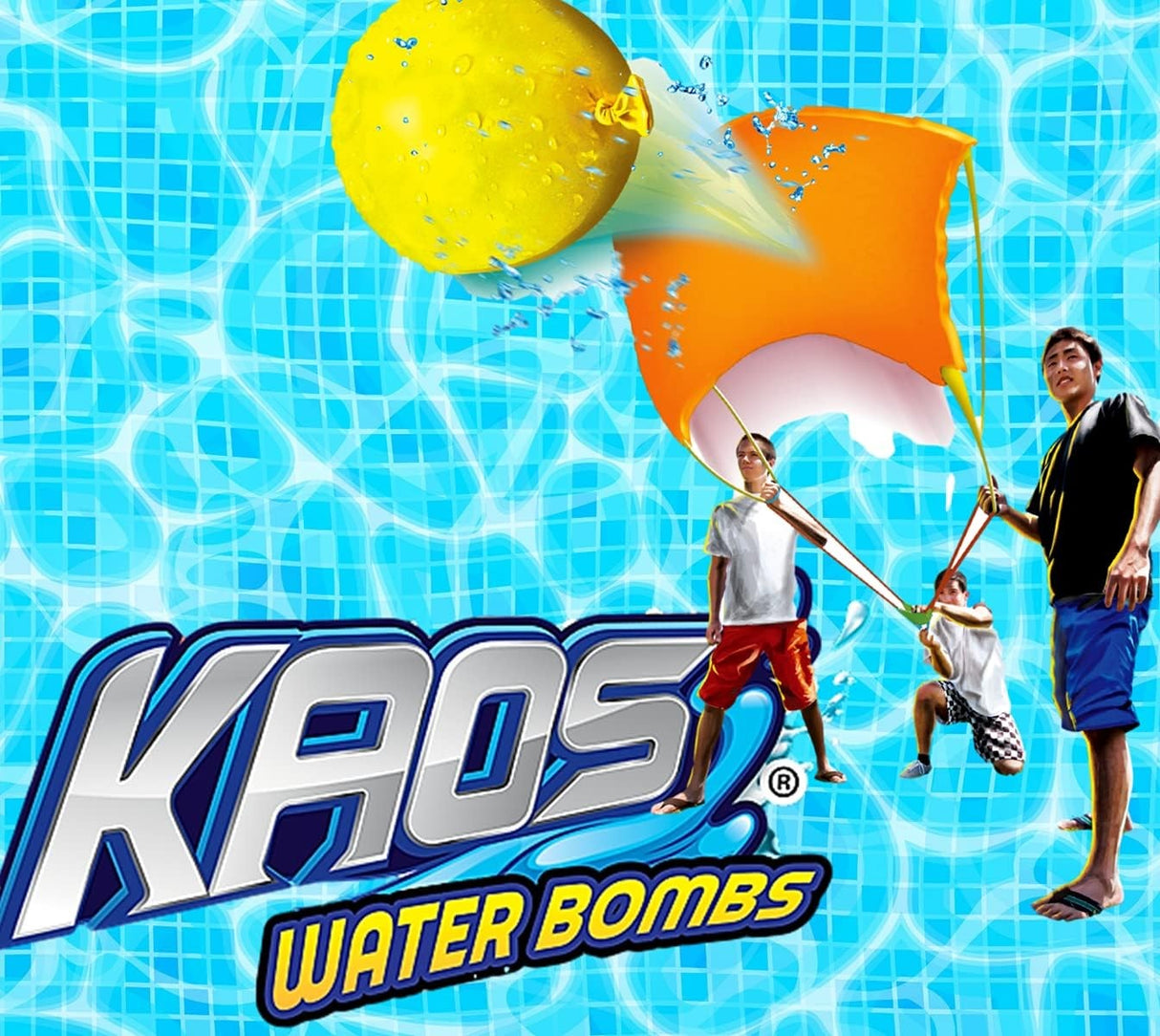 This image shows three people using the launcher to shoot a yellow balloon.