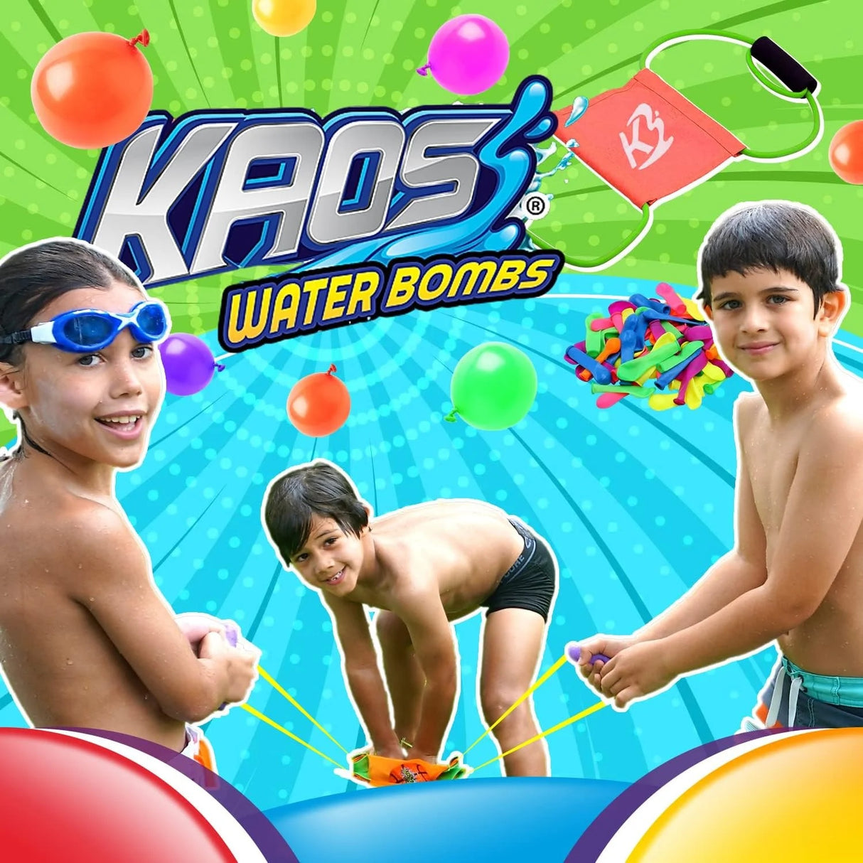 This image shows three little kids putting a balloon on the launcher.