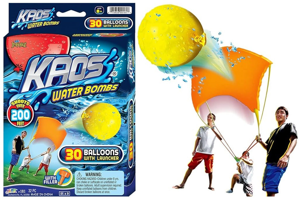 This image shows the box the launcher and balloons come in. It also shows three people using the launcher to launch a yellow balloon.
