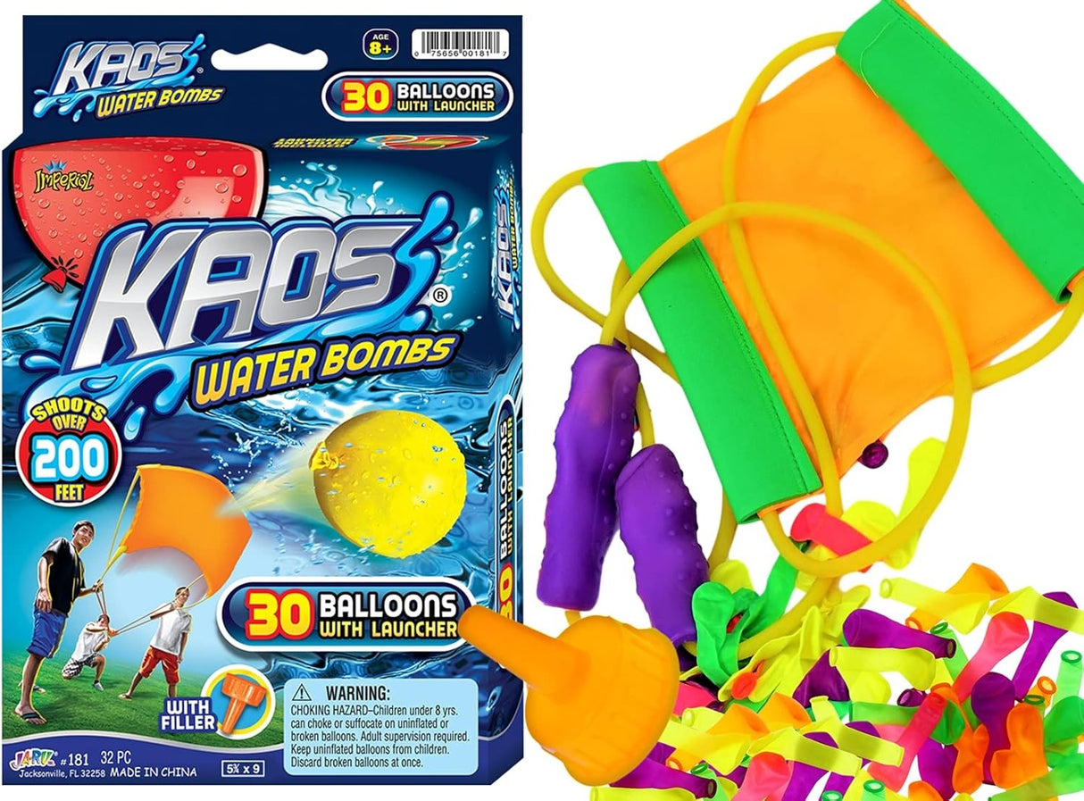 This image shows the box the launcher and balloons come in. It also shows the slingshot launcher and the multi-colored balloons.