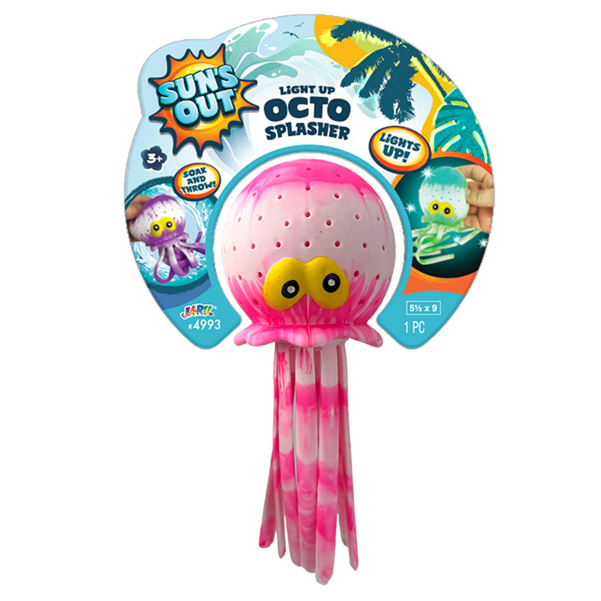 This image shows the pink color option for this Light Up Octo Splasher. It reads "soak and throw!" The toy is shaped like an octopus and has two yellow, goofy-looking eyes.