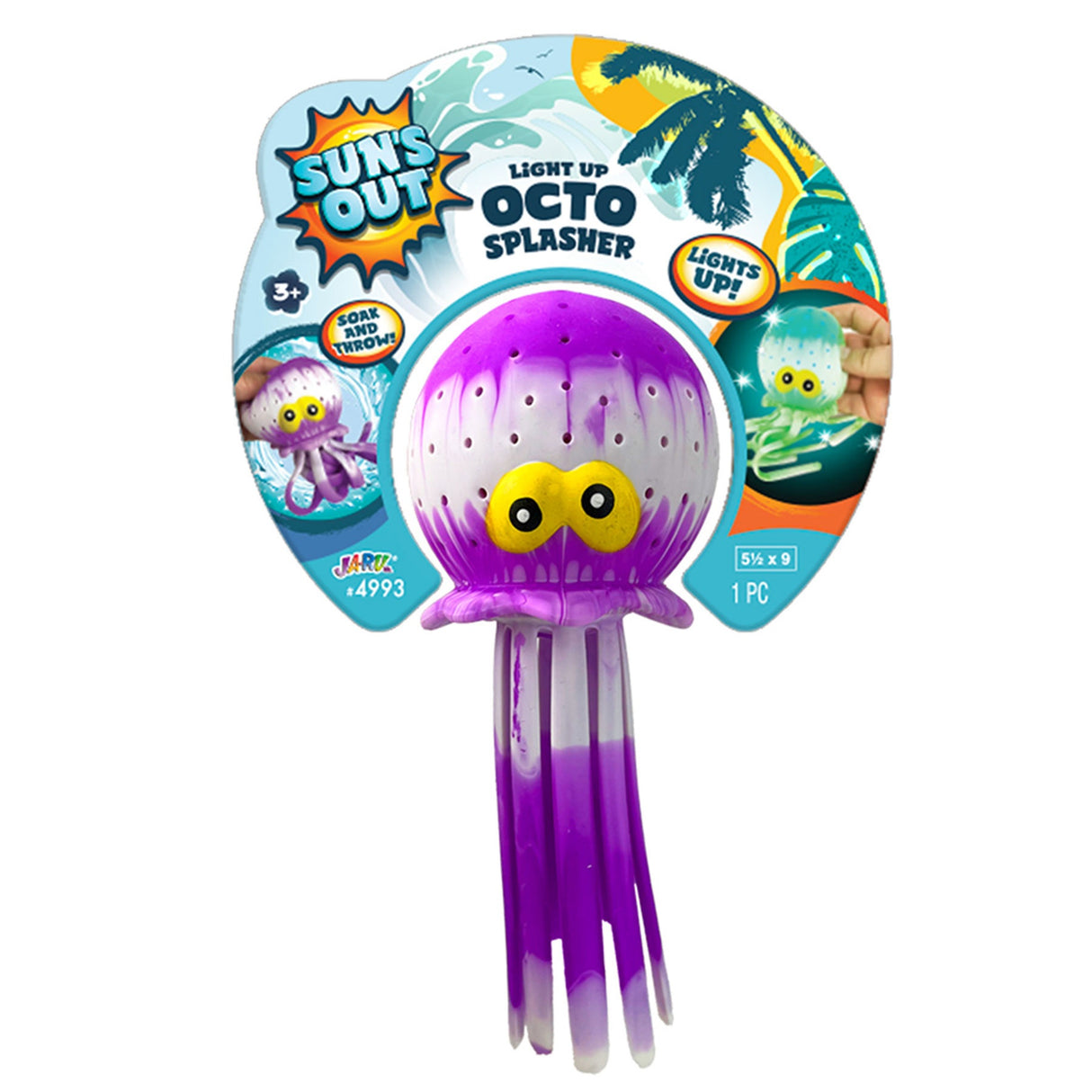 This image shows the purple color option for this Light Up Octo Splasher. It reads "soak and throw!" The toy is shaped like an octopus and has two yellow, goofy-looking eyes.