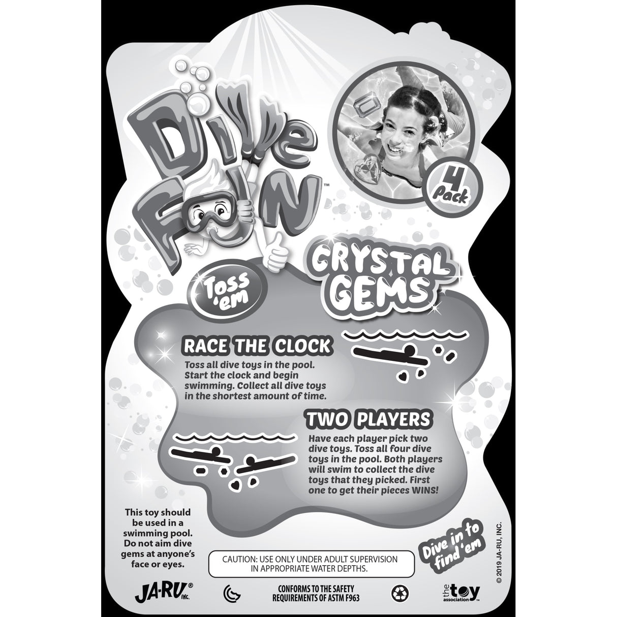 Toss all dive toys in the pool. Start the clock and begin swimming. Collect all dive toys in the shortest amount of time. Have each player pick two dive toys. Toss all four dive toys in the pool. Both players will swim to collect the dive toys that they picked. First one to get their pieces wins!
