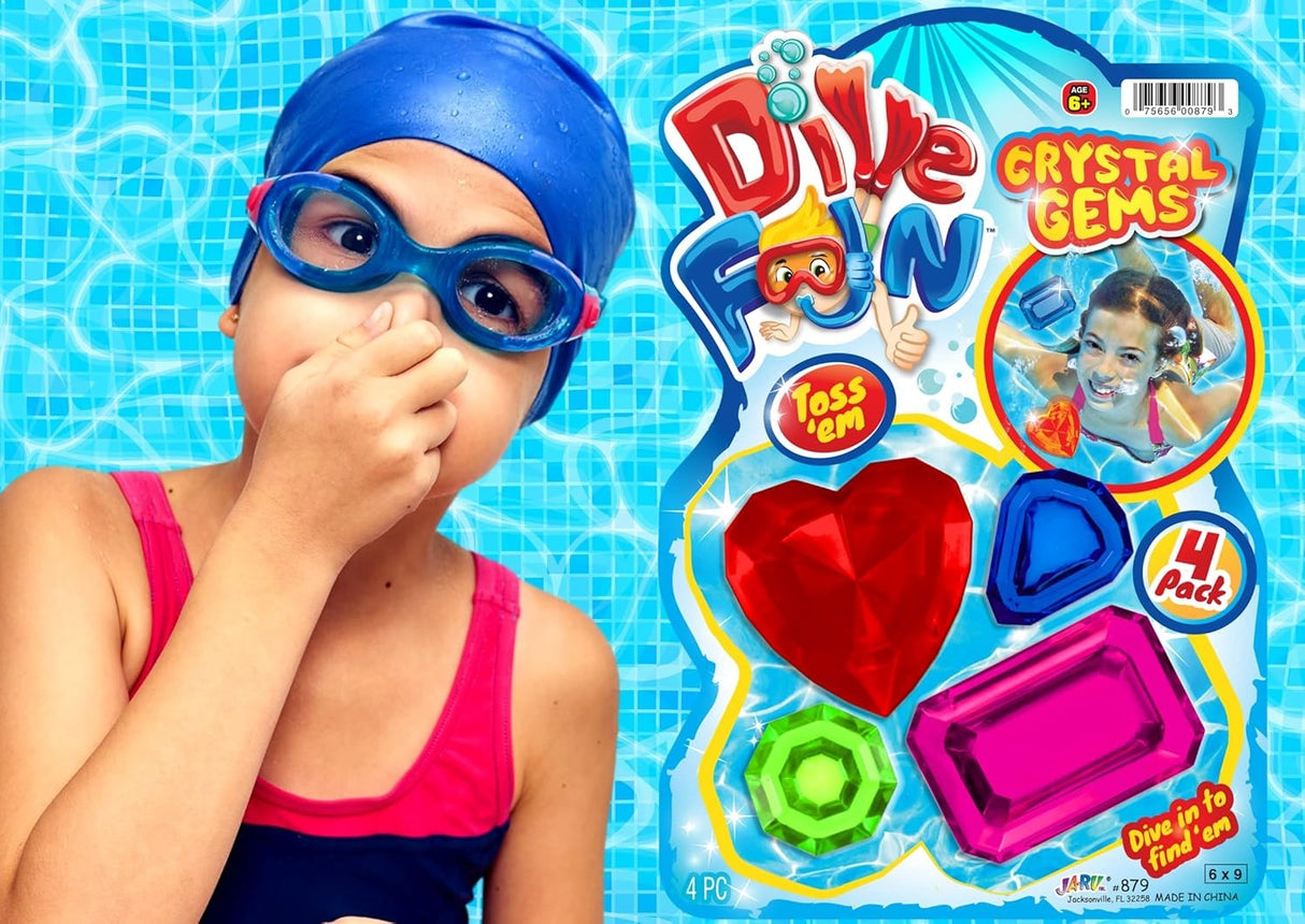4 pack of diving toys shaped like crystals and gems. This one has a red heart, a blue triangle, a lime green octagon and a pink rectangle. This image shows a young girl holding her nose underwater next to the packaging of the dive toys.