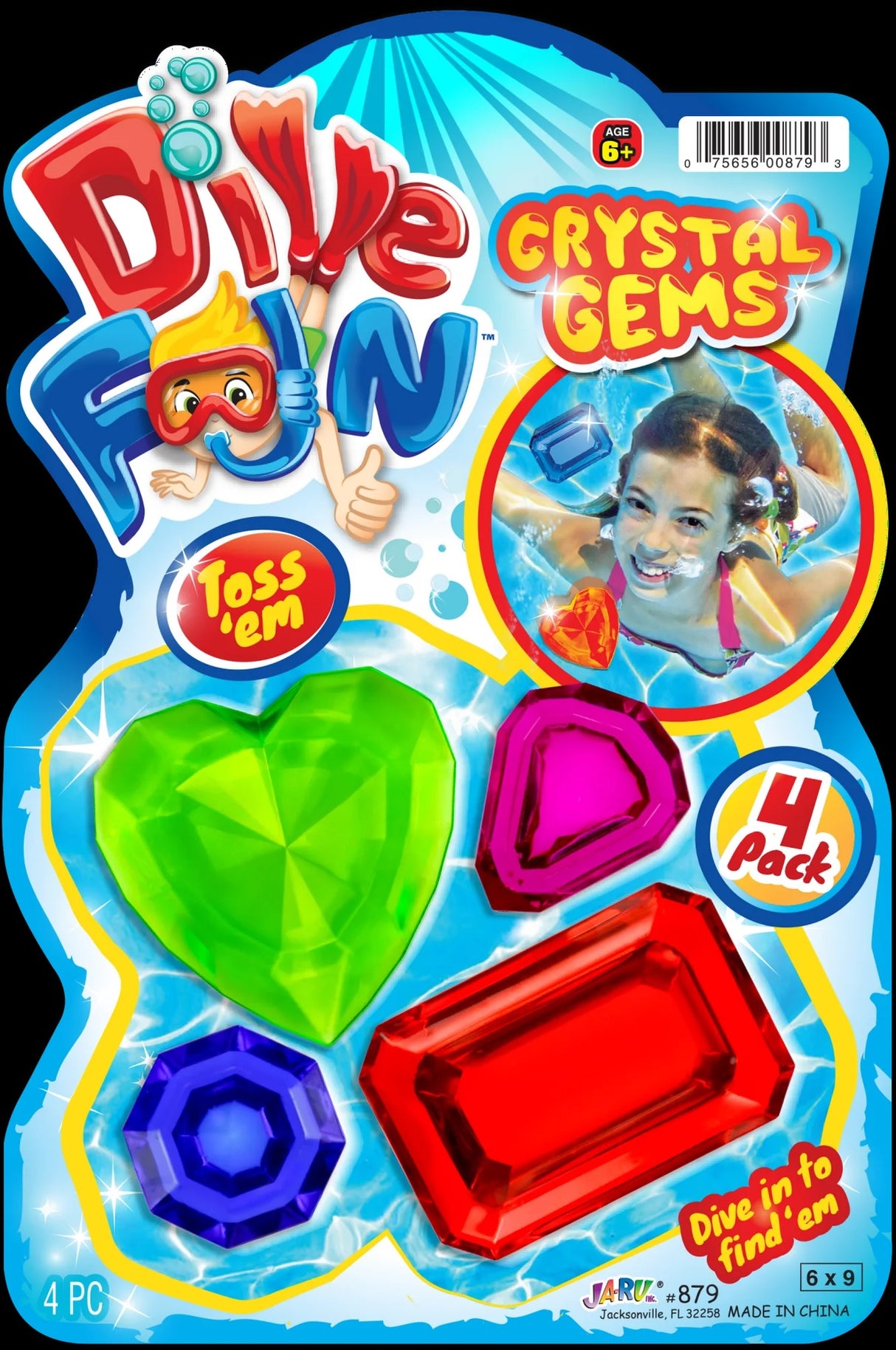 4 pack of diving toys shaped like crystals and gems. This one has a lime green heart, a pink triangle, a blue octagon and a red rectangle.
