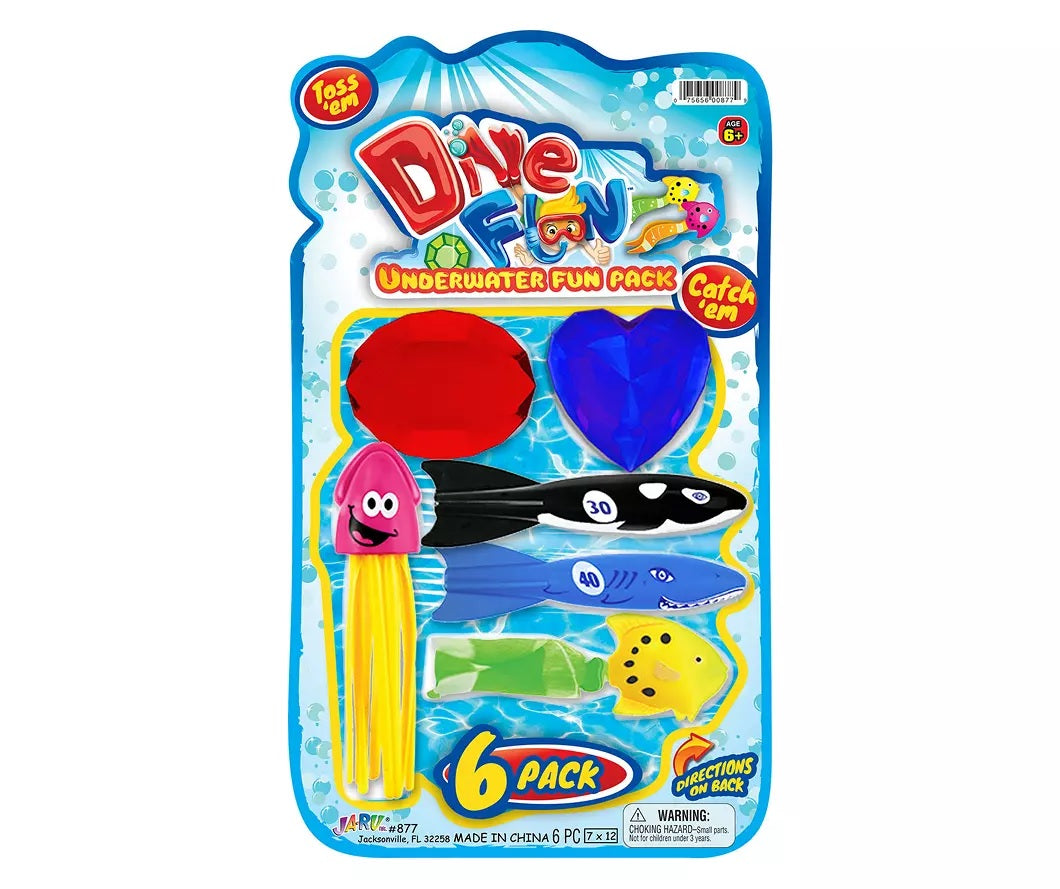 Dive toys. This set has a red oval gem, a blue heart-shaped gem, a pink and yellow smiling squid, a black and white whale, a blue shark and a yellow and green fish.