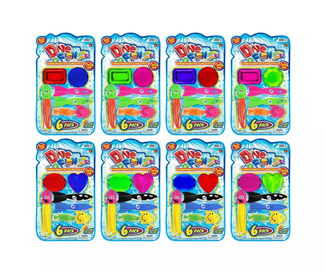 This image shows all the different color options for the different dive toys. There are 8 different versions.